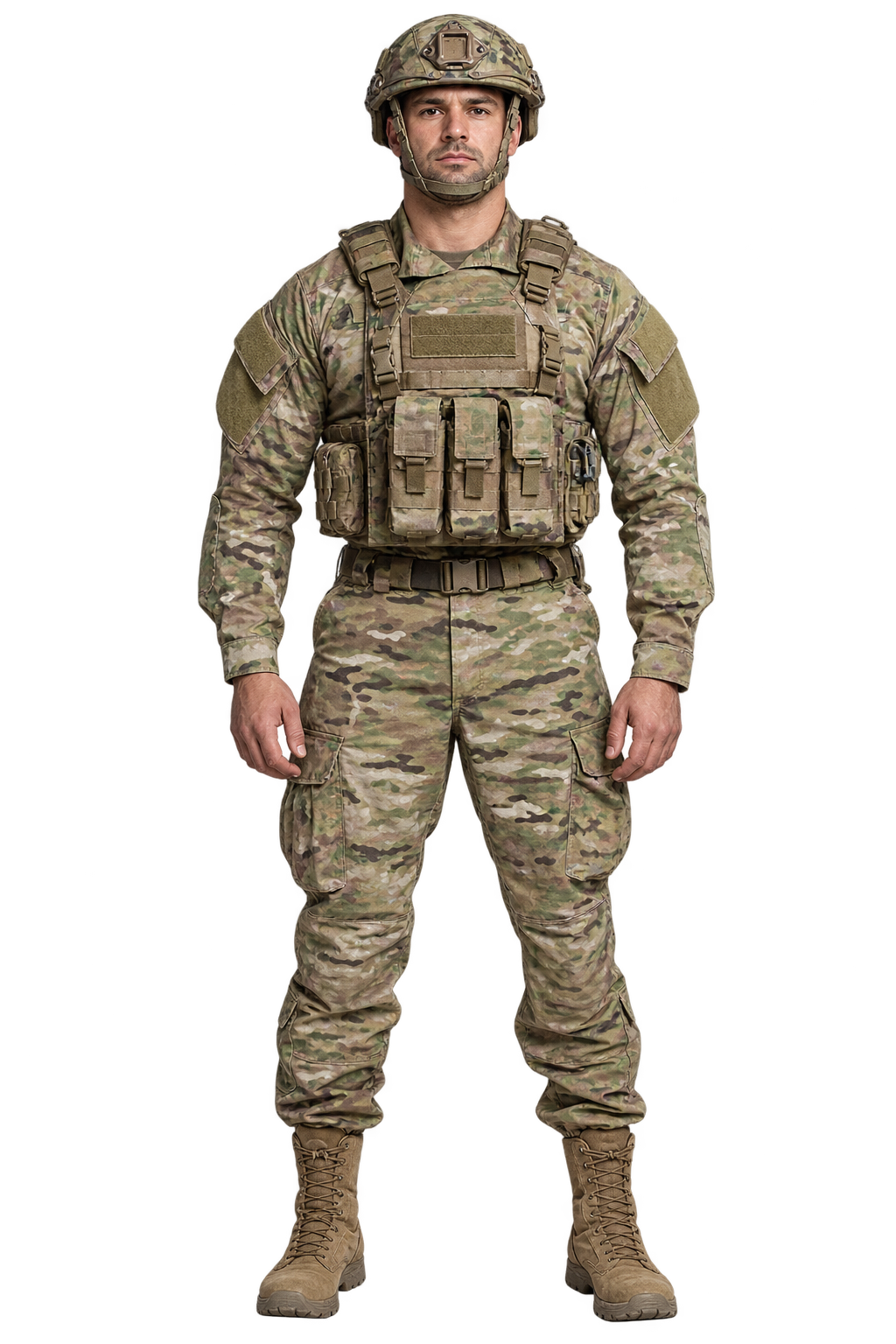 Photorealistic soldier showcasing a camouflage uniform and tan combat boots